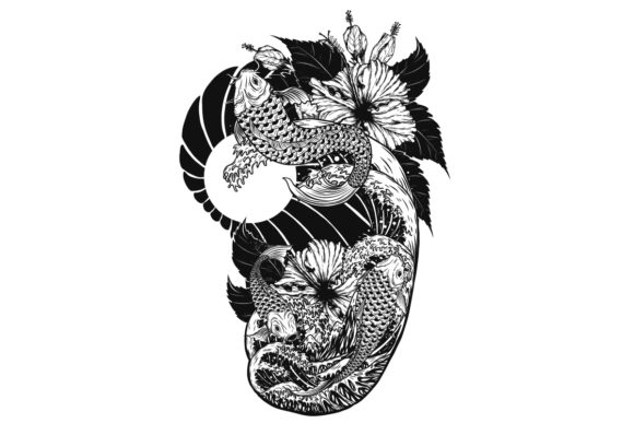 Koi Fish with Flower Tattoo Graphics & Illustrations